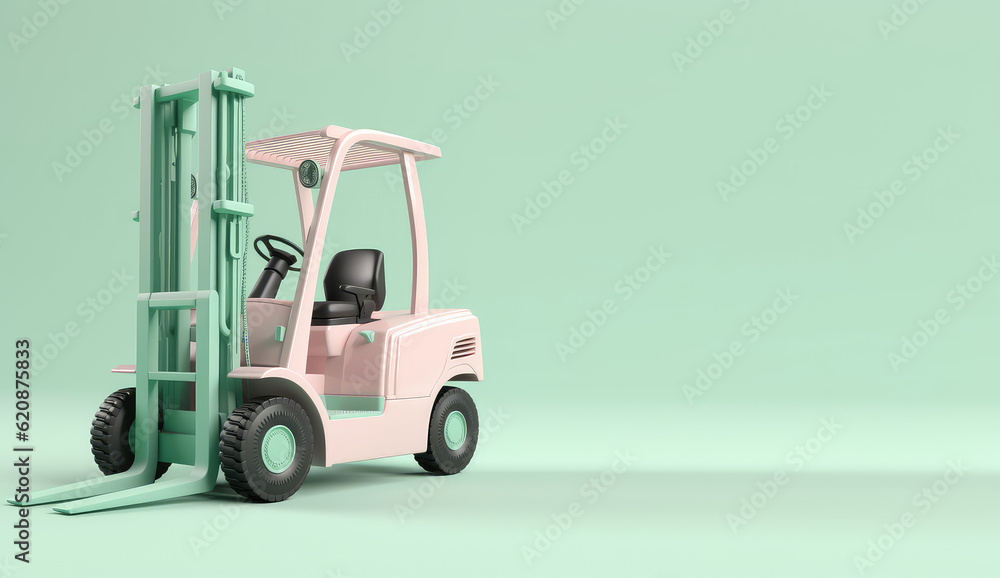 Toy cartoon forklift isolated on pastel light flat background with copy space. Pink, green, mint cute palette colors. Generative AI 3d render illustration imitation.