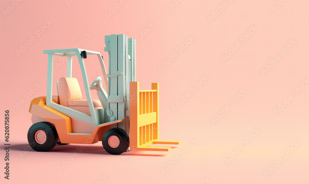Toy cartoon forklift isolated on pastel light flat background with copy space. Pink, green, orange palette colors. Generative AI 3d render illustration imitation.