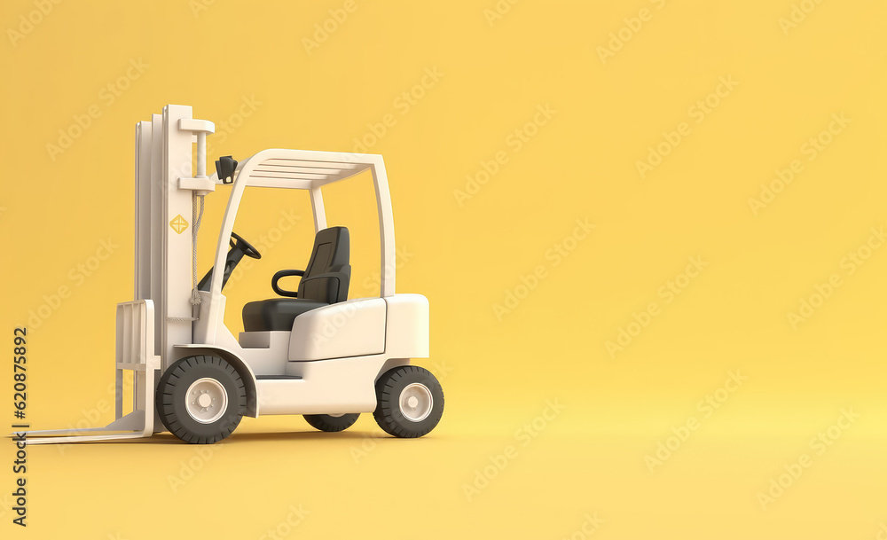 Toy cartoon forklift isolated on pastel light flat background with copy space. Yellow, white, black palette colors. Generative AI 3d render illustration imitation.