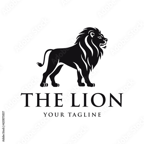 Lion logo full body facing right, simple, black and white, vintage design template vector illustration