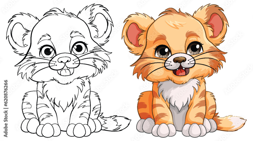Obraz premium Cute Baby Tiger Cartoon Character Outline for Colouring