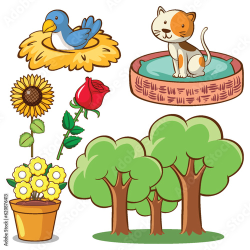 Set of animals and outdoor objects