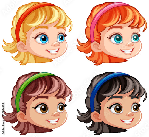 Set of girl cartoon head different hair colour
