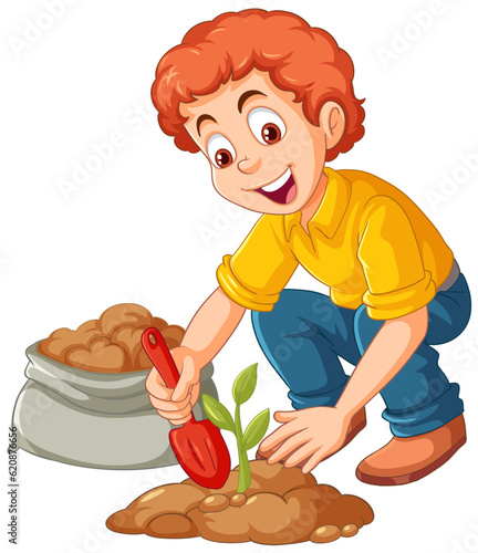 Farmer planting small plant on the ground isolated
