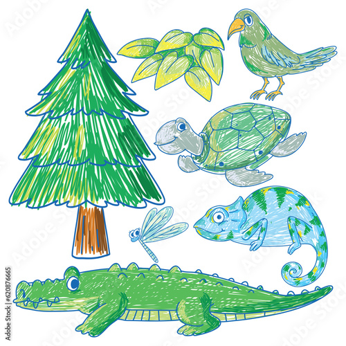 Set of animal and plant in green scribble style