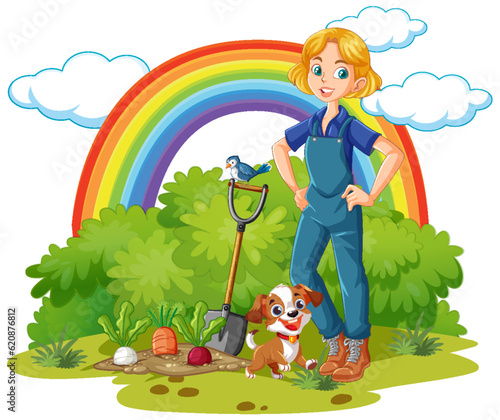Woman and dog at ourdoor background harvest crops