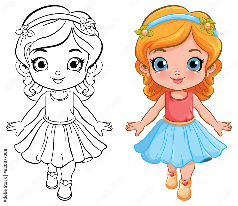 Cute Girl in Beautiful Dress Outline for Colouring Cute Girl in Beautiful Dress Outline for Colouring