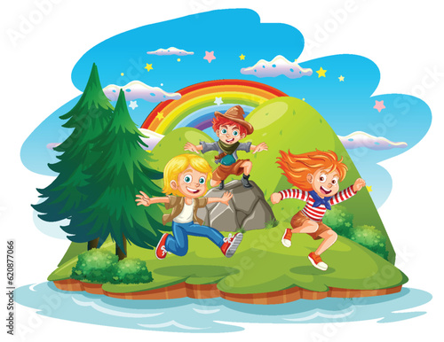 Kids playing in nature background
