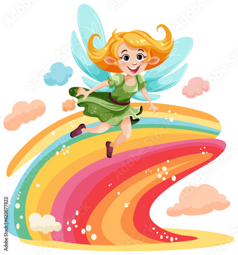 Cute fantasy fairy cartoon character with colourful rainbow