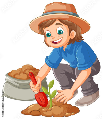 Farmer planting small plant on the ground isolated