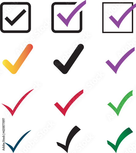 Set of checkmark vector icons in different colors and shapes on a white background.