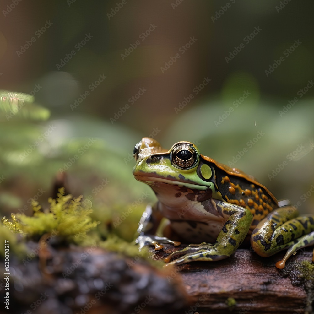 Detailed closeup on a bright green and red colored frog. Generative AI Detailed closeup on a bright green and red colored frog. Generative AI