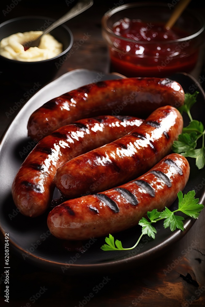 Grilled german Leberwurst sausage with sauce. Liver sausage served on a black plate. Generative AI Grilled german Leberwurst sausage with sauce. Liver sausage served on a black plate. Generative AI