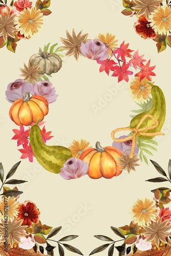 Fototapeta Naklejka Na Ścianę i Meble -  Happy thanksgiving halloween october festive celebrate retro greeting frame invitation card