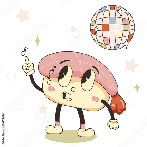 Cartoon retro sushi dancing under a disco ball and whistling a tune. Hand drawn vector illustration in retro cartoon style with food mascot