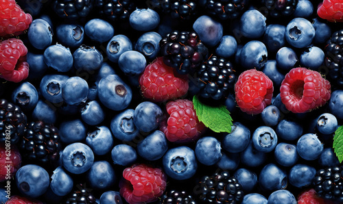  berries and raspberries with a green leaf on top.  generative ai