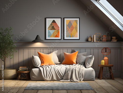 Empty wall in modern child or teenie room, mockup interior in contemporary style. Copy space for your picture or poster. Bed, sideboard. Cozy room for kids, teenager. 3D rendering Generative AI.