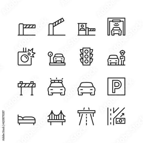 Road, linear style icons set. High-speed toll road. Freeway. Checkpoint. Infrastructure and service. Road with a dividing strip and interchanges. Payment terminal, barrier. Editable stroke width