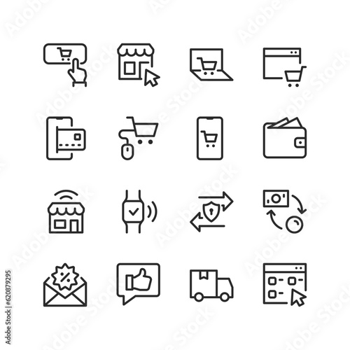 E-commerce, linear style icons set. Buying at an online store, payment. E-shopping and electronic money transfer. E-shop. Safety and quality. Editable stroke width