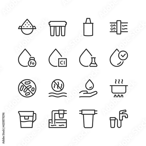Water purification, linear icons set. Filter. For drinking, home, household use. Purification from impurities, microbes, chemical impurities, metals, odor. Healthier and purer. Editable stroke width