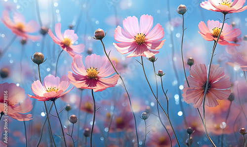 a field of pink flowers on a blue sky background with bubbles. generative ai