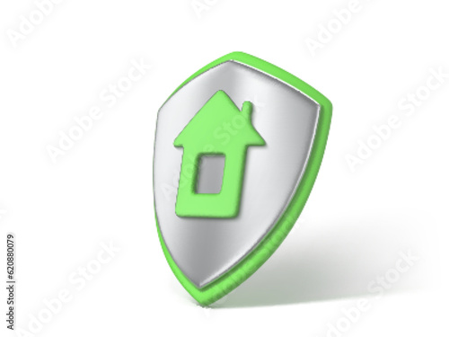 3D render shield with house icon. Home security concept. House protect symbol. Vector 3d Illustration