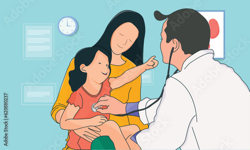 happy woman with a baby while a male doctor examining him with a stethoscope at a hospital