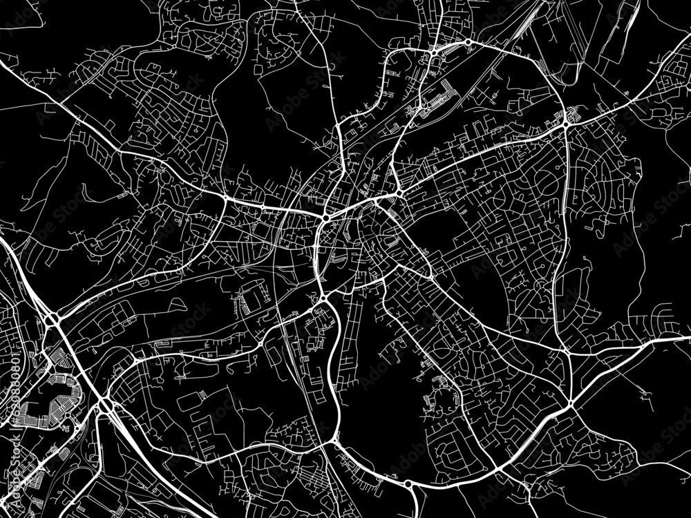 Vector road map of the city of  Rotherham in the United Kingdom on a black background.