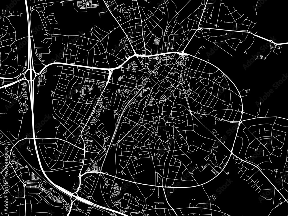 Vector road map of the city of  Walsall in the United Kingdom on a black background.