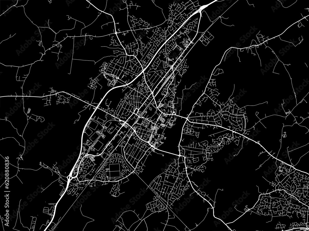 Vector road map of the city of  Burton-on-Trent in the United Kingdom on a black background.