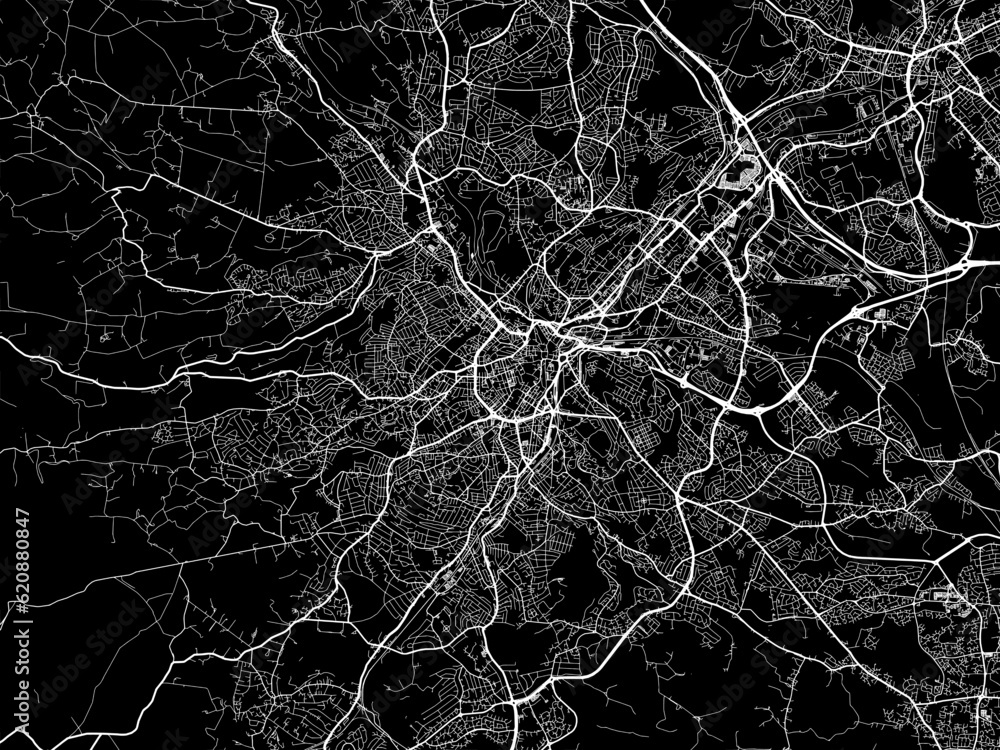 Vector road map of the city of  Sheffield in the United Kingdom on a black background.