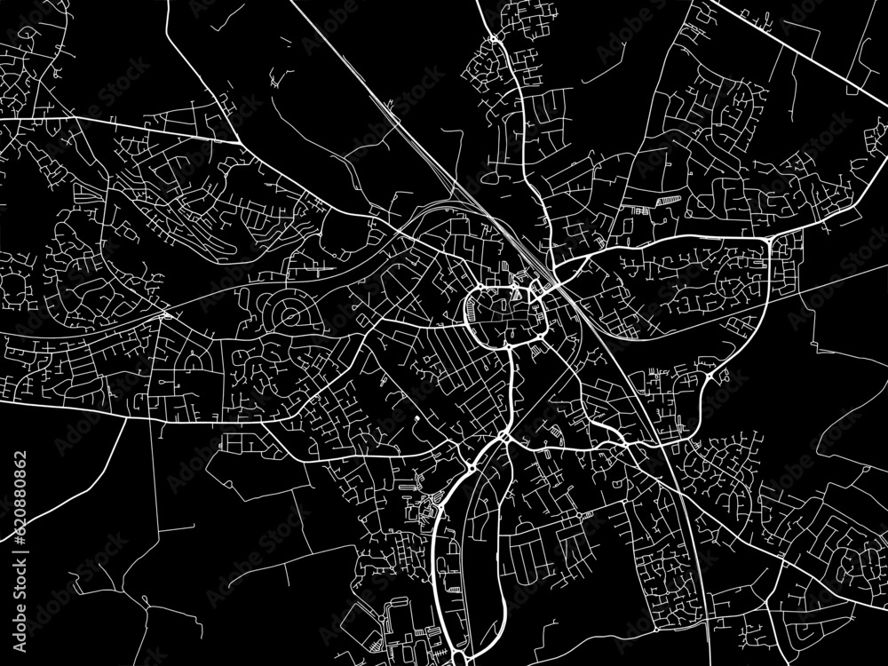Vector road map of the city of  Nuneaton in the United Kingdom on a black background.