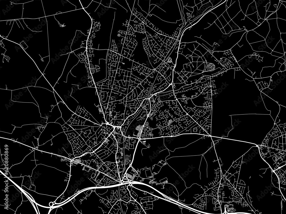 Vector road map of the city of  Cannock in the United Kingdom on a black background.
