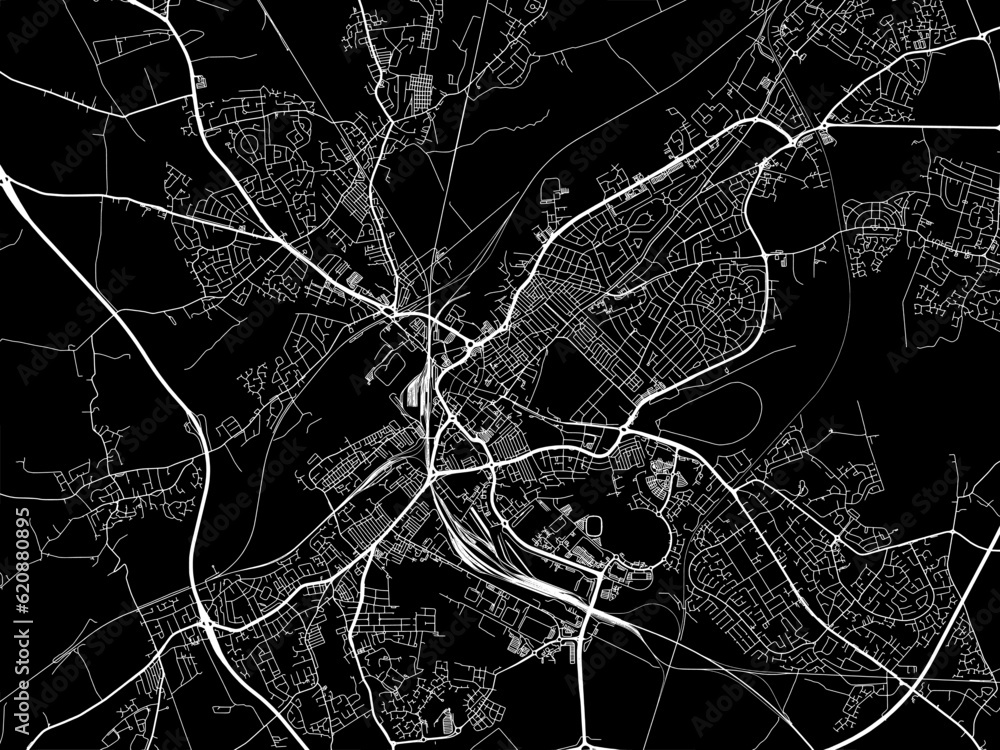 Vector road map of the city of  Doncaster in the United Kingdom on a black background.