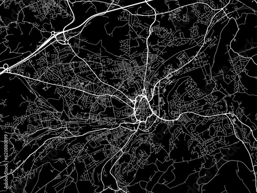 Vector road map of the city of  Huddersfield in the United Kingdom on a black background.