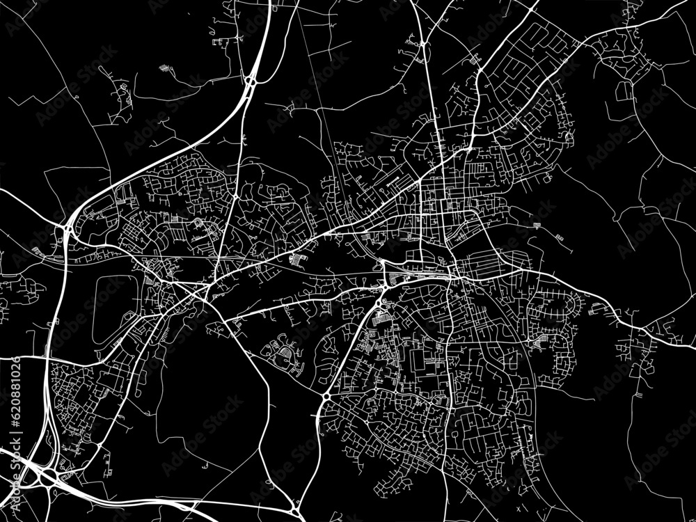 Vector road map of the city of  Royal Leamington Spa in the United Kingdom on a black background.