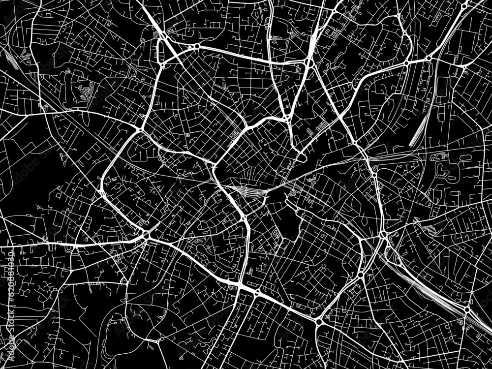 Vector road map of the city of  Birmingham Center in the United Kingdom on a black background.