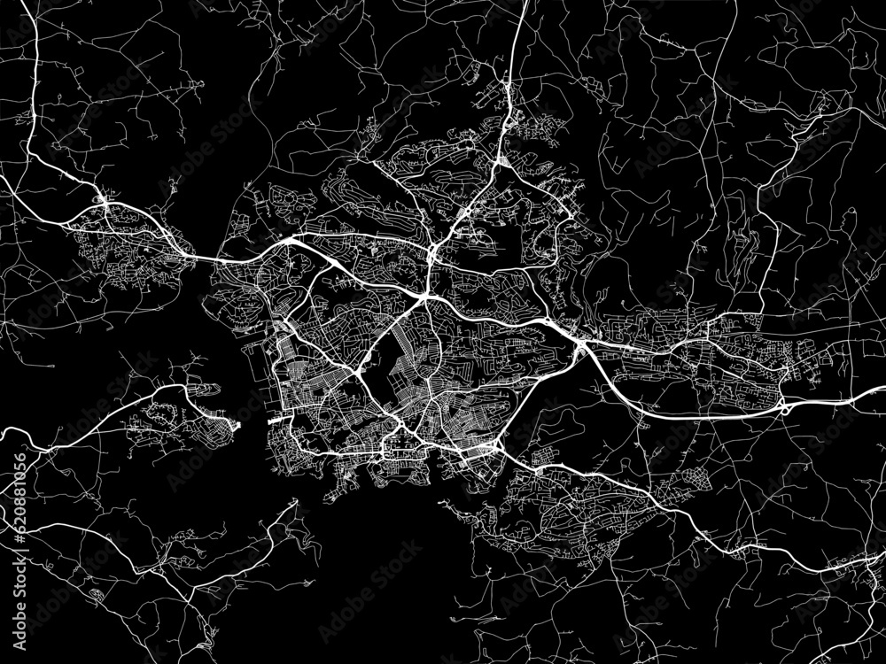 Vector road map of the city of  Plymouth in the United Kingdom on a black background.