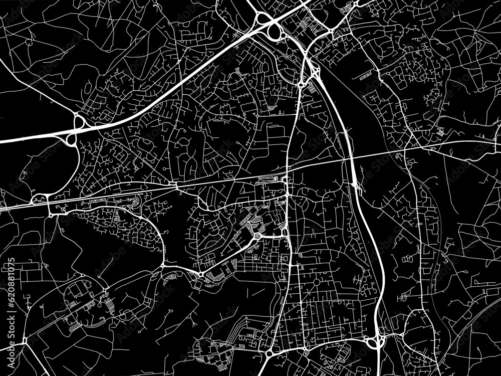 Vector road map of the city of  Farnborough in the United Kingdom on a black background.