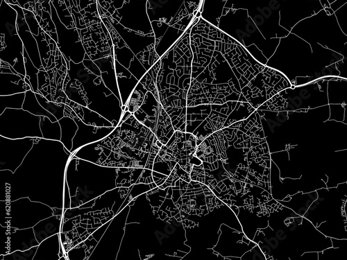 Vector road map of the city of  Wrexham in the United Kingdom on a black background.