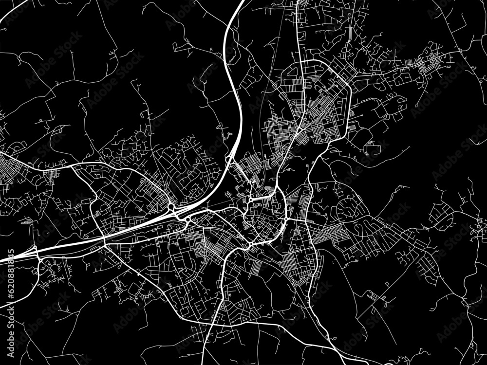 Vector road map of the city of  Burnley in the United Kingdom on a black background.