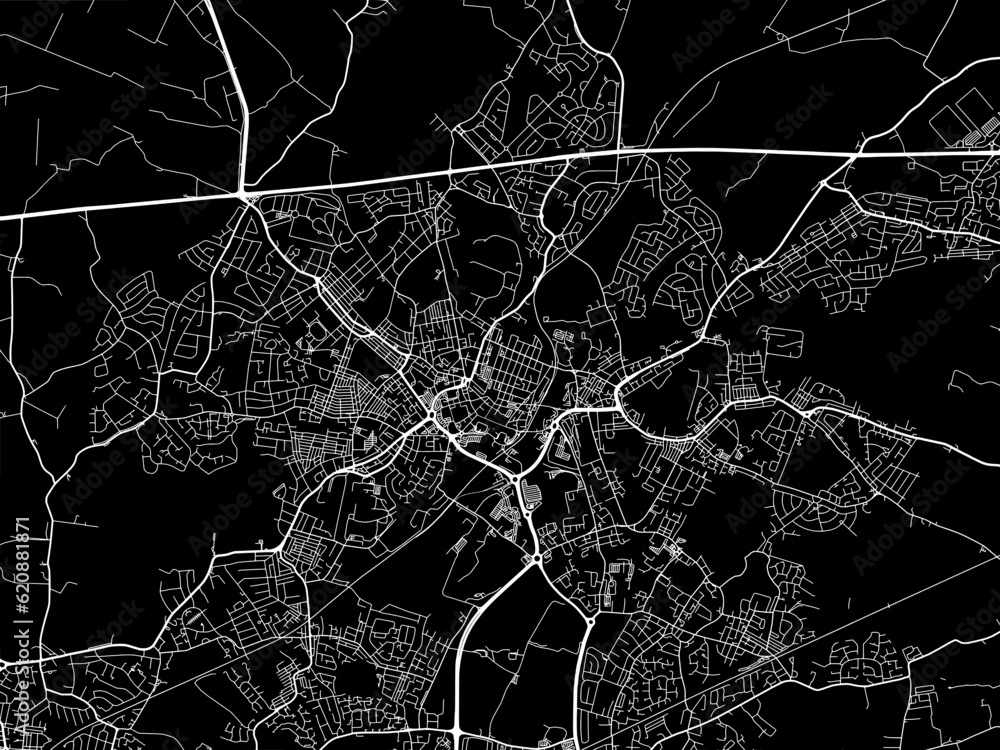 Vector road map of the city of  St Helens in the United Kingdom on a black background.