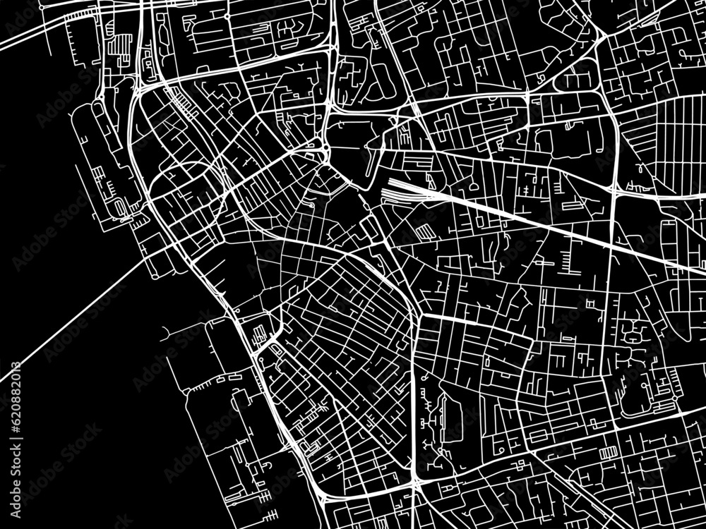 Vector road map of the city of  Liverpool Center in the United Kingdom on a black background.