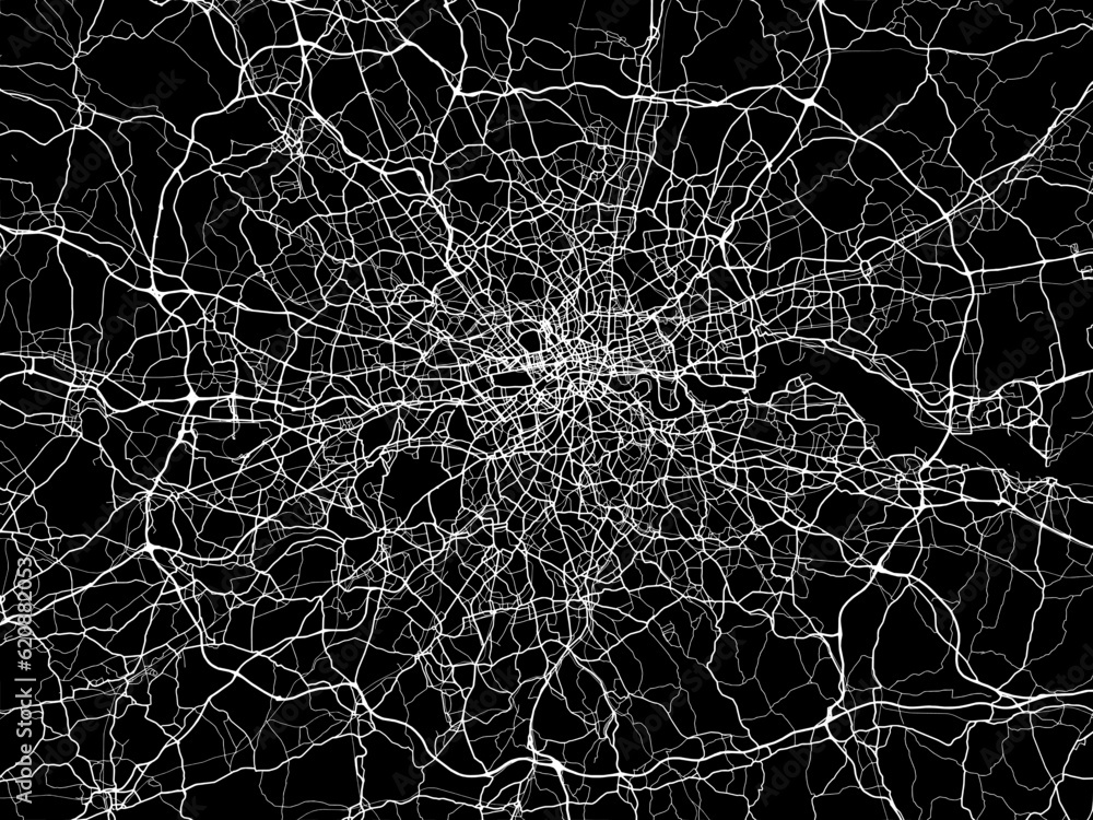 Vector road map of the city of  London Metro in the United Kingdom on a black background.
