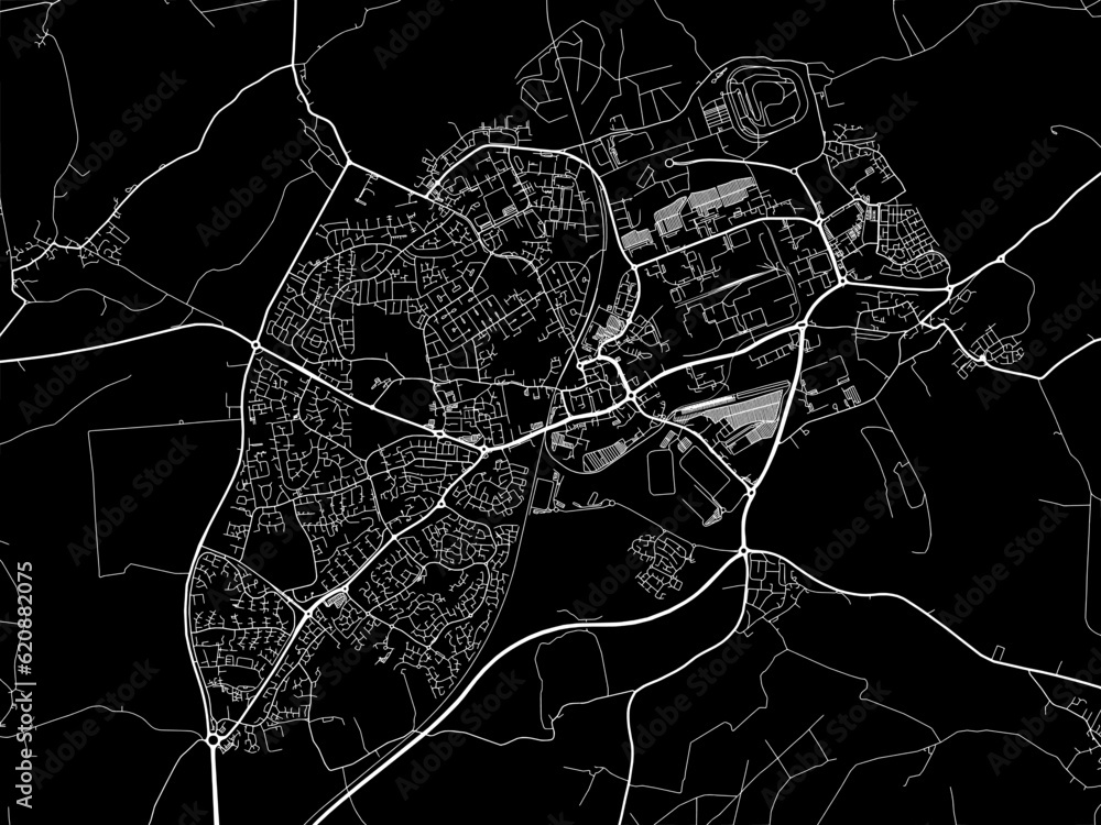 Vector road map of the city of  Corby in the United Kingdom on a black background.