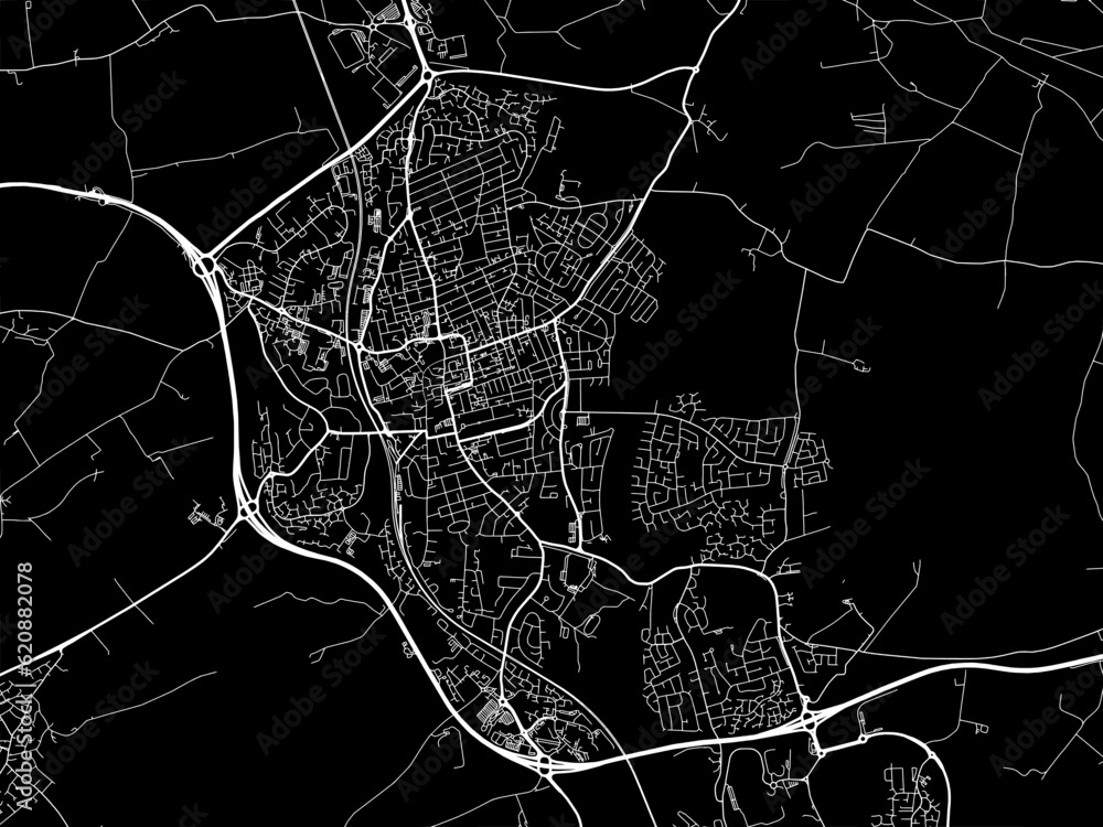 Vector road map of the city of  Kettering in the United Kingdom on a black background.