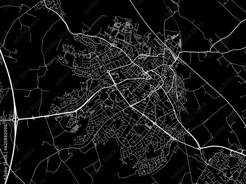 Vector road map of the city of  Loughborough in the United Kingdom on a black background.
