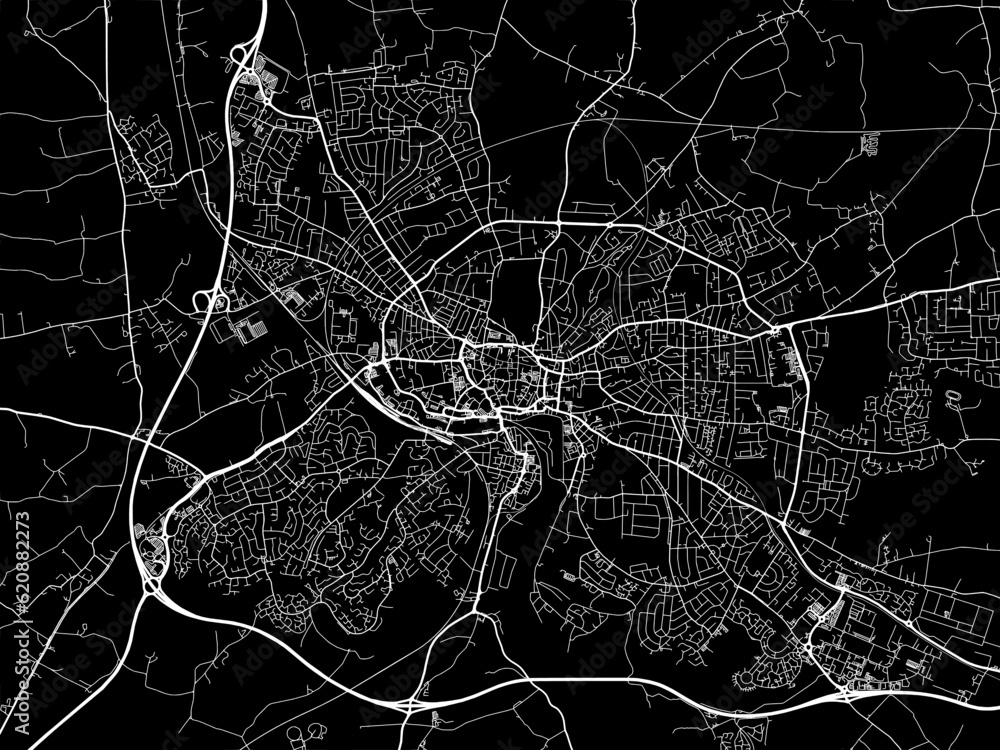 Vector road map of the city of  Ipswich in the United Kingdom on a black background.