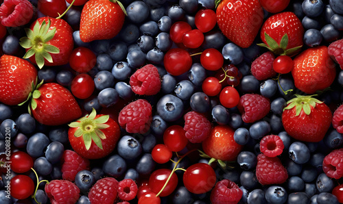  a bunch of berries and blueberries are arranged in a pattern.  generative ai