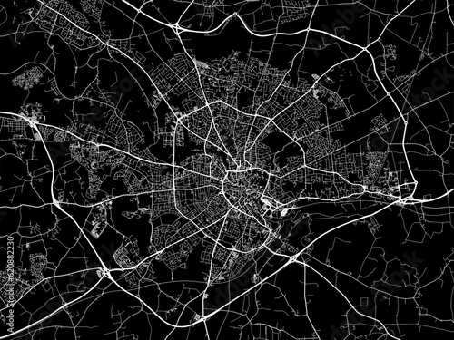 Vector road map of the city of  Norwich in the United Kingdom on a black background.